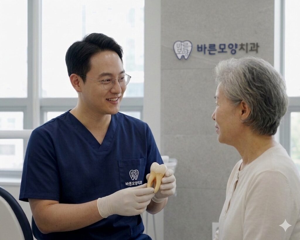 성남 태평역 바른모양치과에서 환자에게 자연치아 살리기 치료를 따뜻하게 상담하는 통합치의학과 전문의 김주형 원장