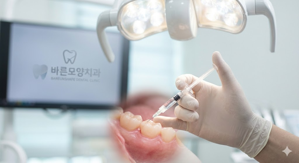 성남 수정구 바른모양치과, 주사 바늘의 첫 통증을 없애기 위해 잇몸 점막 표면에 가글 마취 연고를 섬세하게 도포하는 통합치의학과 전문의의 손길