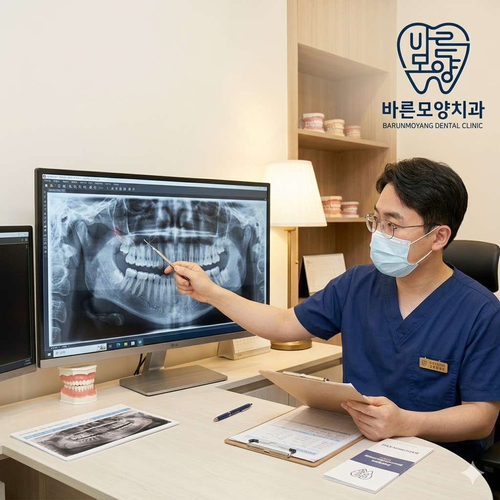 성남 턱관절 치과 바른모양치과 김주형 원장이 파노라마 엑스레이를 분석하며 씹을 때 치통의 원인을 감별하는 진료 장면