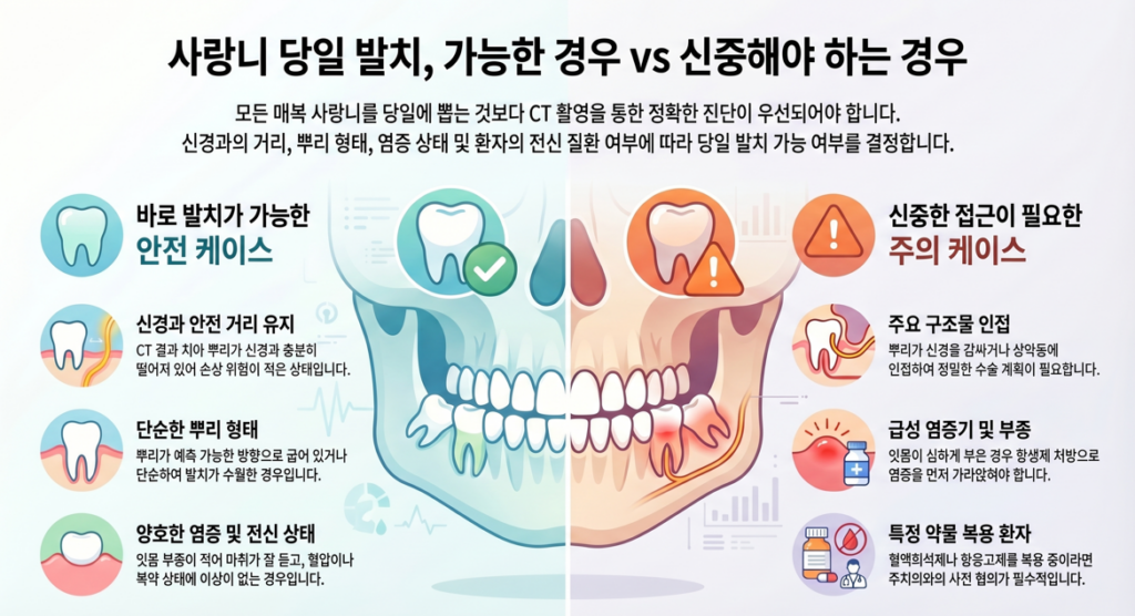매복사랑니 당일발치 가능 여부 판단 기준 인포그래픽 - 바른모양치과