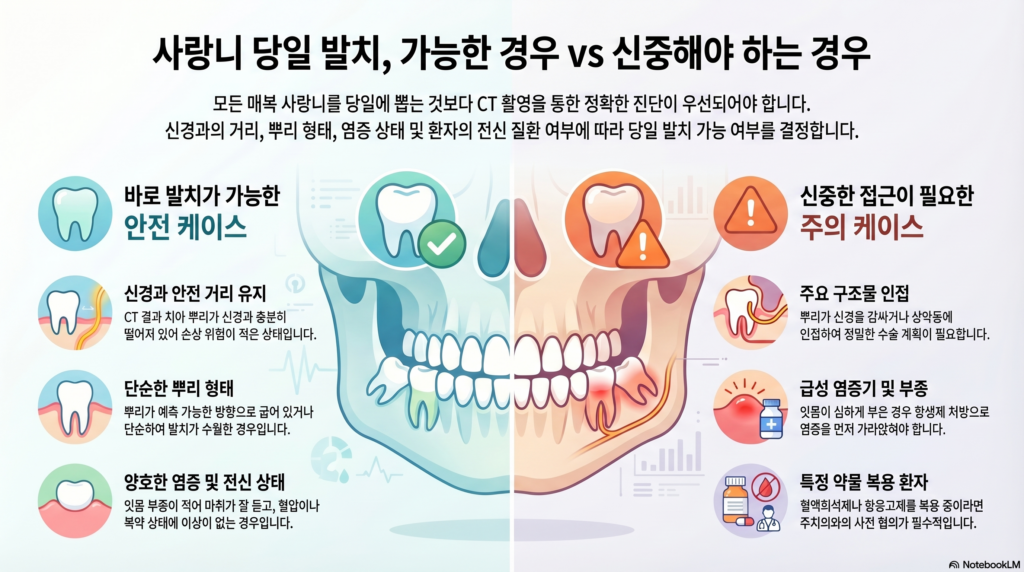 매복사랑니 당일발치 가능 여부 판단 기준 인포그래픽 - 바른모양치과
