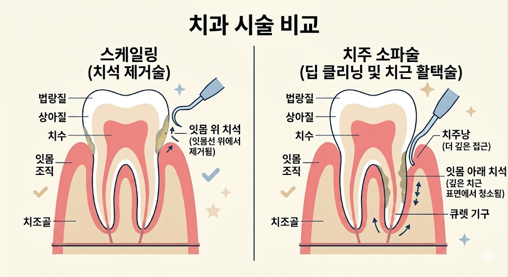 스케일링과 치주소파술 차이 비교 일러스트 — 바른모양치과