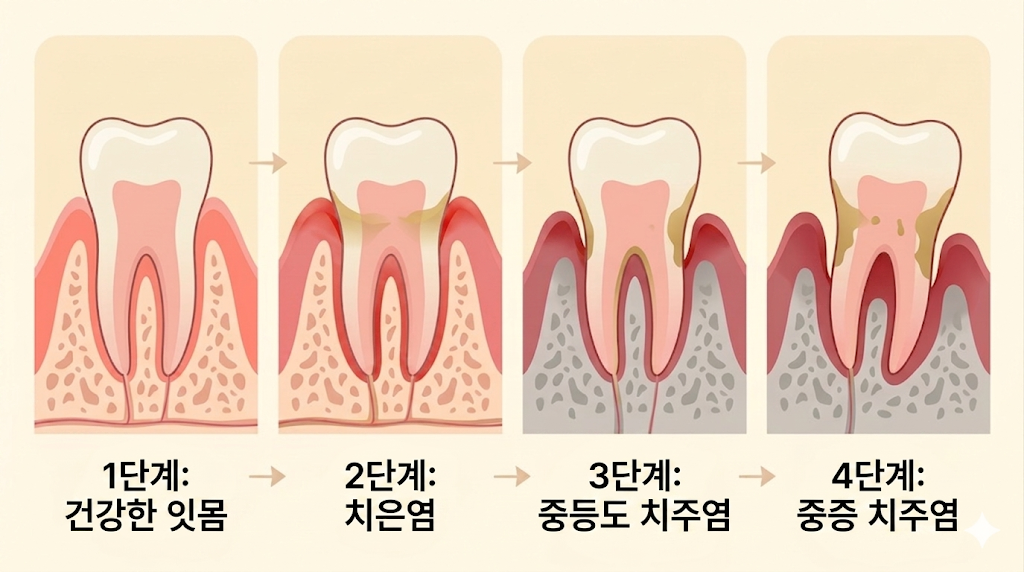 치주염 방치 시 진행 단계 일러스트 — 잇몸치료 중요성