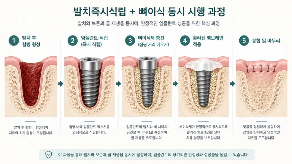 발치즉시식립 뼈이식 동시 시행 임상 흐름 바른모양치과