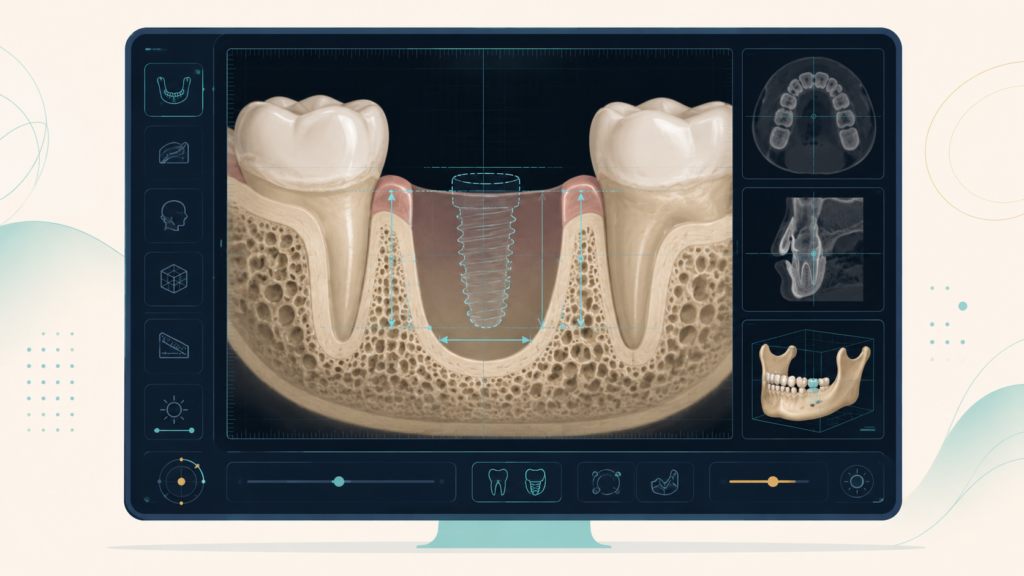 3D CT로 잇몸 속 뼈의 양과 폭을 분석하여 무절개 가능 여부를 판단하는 모습