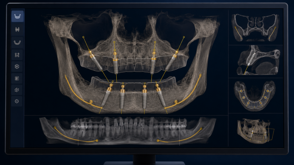 3D CT 분석으로 남은 뼈를 따라 임플란트 식립 각도를 설계한 전악 임플란트 화면