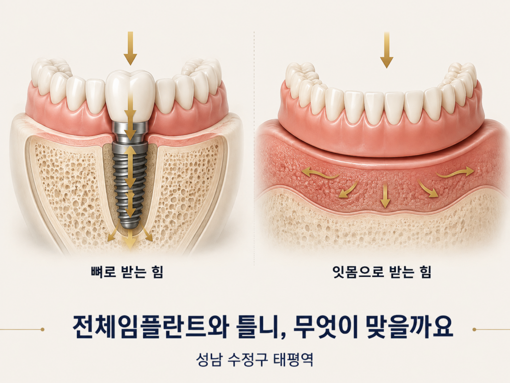 성남 수정구 태평역 바른모양치과 — 전체임플란트와 틀니의 씹는 힘 전달 구조 차이를 비교한 도식으로, 임플란트는 잇몸뼈로 틀니는 잇몸 점막으로 힘을 전달합니다