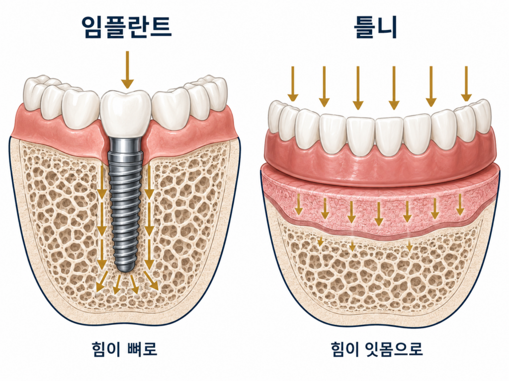 전체임플란트 틀니 비교 도식 — 임플란트는 씹는 힘을 잇몸뼈로 직접 전달하고 틀니는 잇몸 점막을 거쳐 뼈로 전달하는 구조 차이
