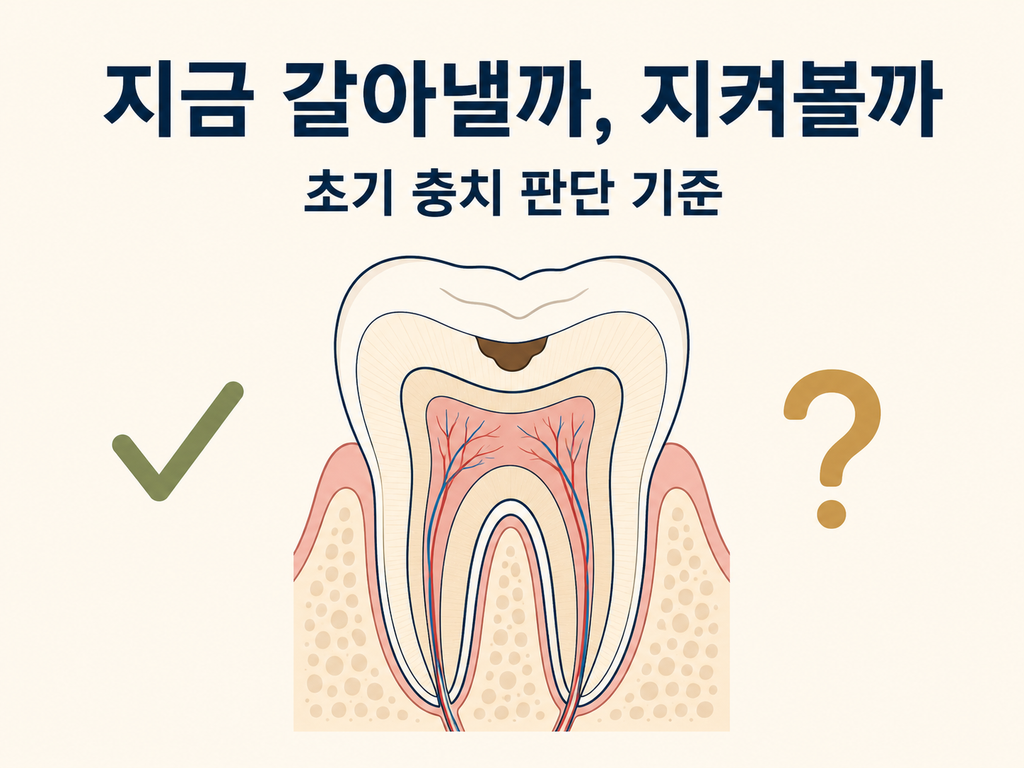 성남 수정구 태평역 바른모양치과 — 초기 충치를 지금 치료할지 지켜볼지 판단하는 기준과 남은 건전 치질 2mm를 경계로 레진과 인레이, 크라운이 갈리는 과정을 정리한 이미지