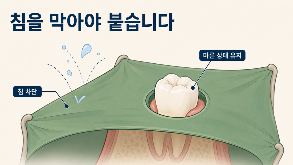 어금니 레진 치료에서 고무막으로 침을 차단해 치아를 마른 상태로 유지하는 격리 방법을 나타낸 개념도