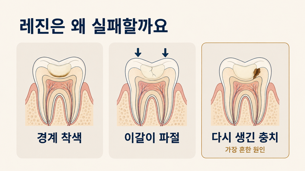 레진 수복물의 경계 착색과 이갈이로 인한 파절, 옆으로 다시 생긴 충치 등 실패 원인 세 가지를 비교한 도식
