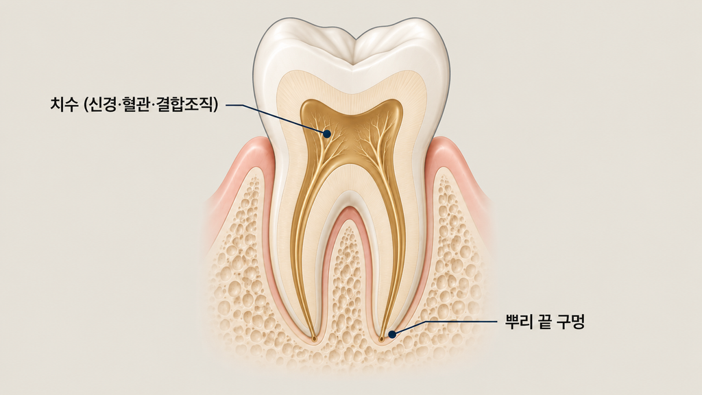 치아 단면 도해로 본 치수와 근관 구조 — 신경치료는 감염된 치수를 제거하고 근관을 밀봉해 재감염을 막는 치료입니다