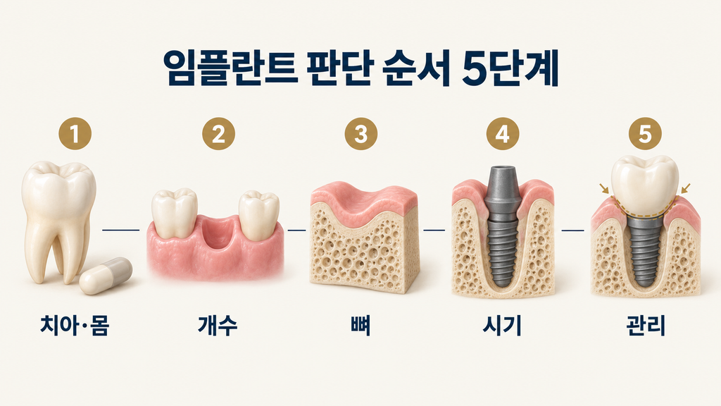 임플란트 판단 순서 인포그래픽 — 발치 필요성과 몸 상태 확인, 빈 치아 개수, 뼈 상태, 식립 시기, 심은 뒤 관리의 다섯 단계와 단계별 확인 질문
