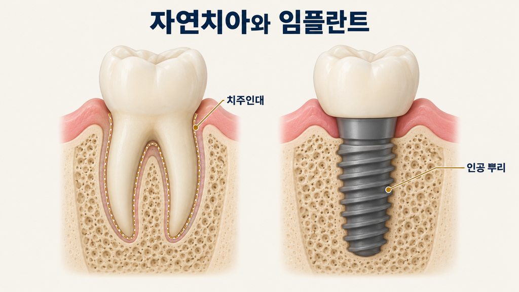 자연치아와 임플란트 단면 비교 도해 — 자연치아는 뿌리와 뼈 사이에 치주인대가 있고, 임플란트는 인공 뿌리가 뼈에 직접 붙으며 그 위로 연결 기둥과 크라운이 올라간다